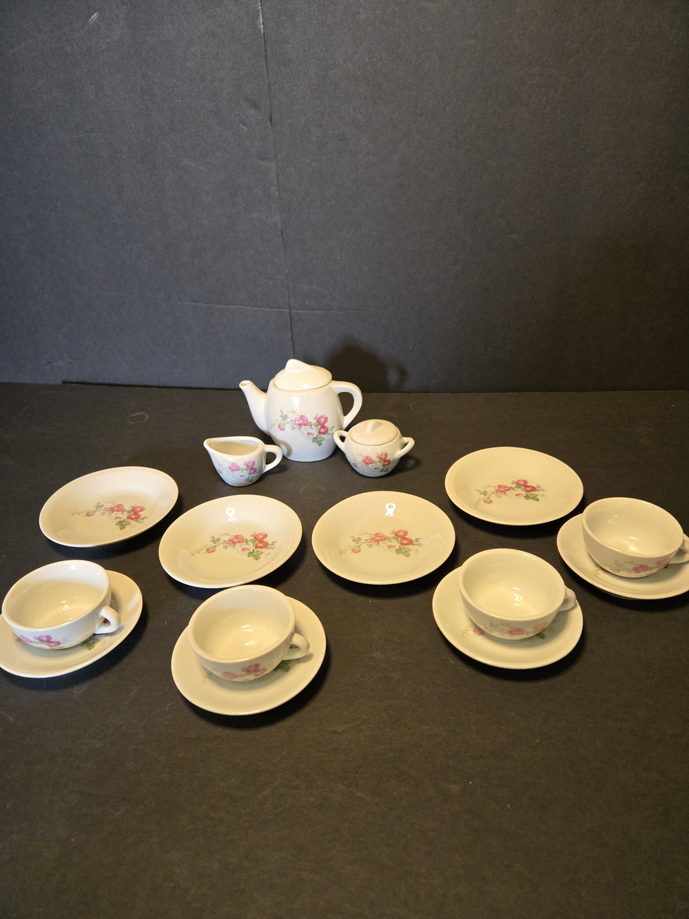Child Size Classic Floral Porcelain Tea Set in Cream with Pink Rose Motif